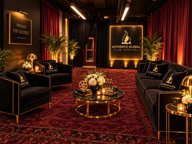The VIP lounge: black velvet sofas, gold tables and Authentic Global Film Festival cushions