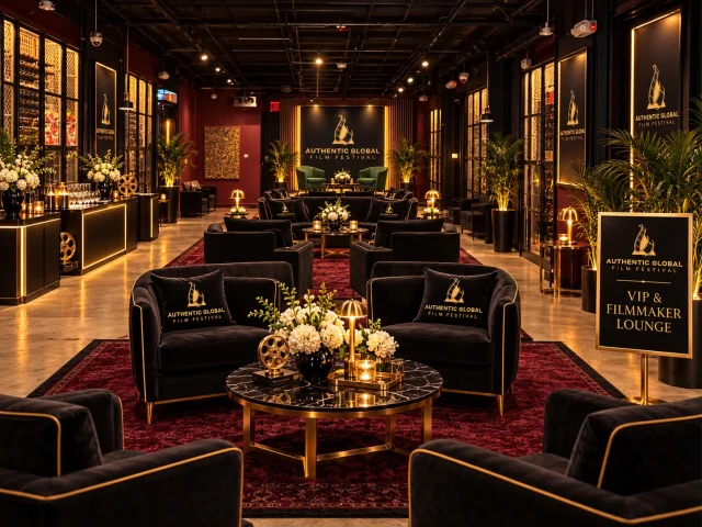The VIP lounge: black velvet sofas, gold tables and Authentic Global Film Festival cushions